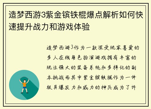 造梦西游3紫金镔铁棍爆点解析如何快速提升战力和游戏体验