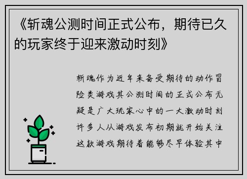 《斩魂公测时间正式公布，期待已久的玩家终于迎来激动时刻》