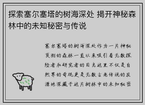 探索塞尔塞塔的树海深处 揭开神秘森林中的未知秘密与传说